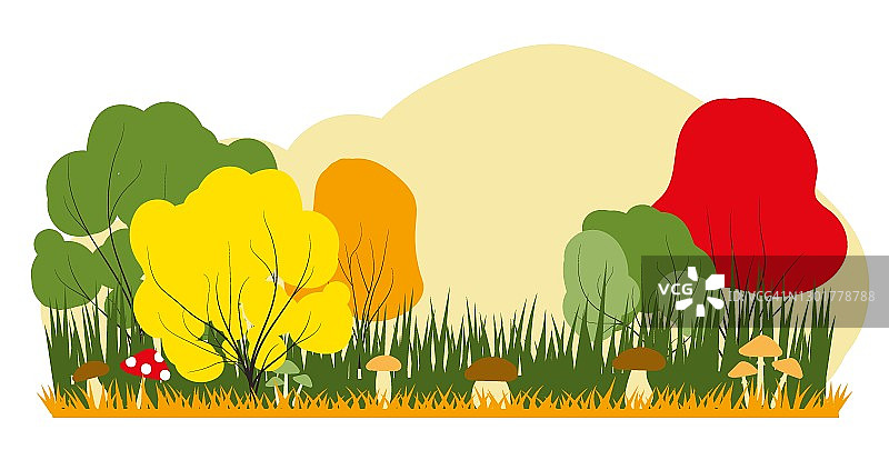 矢量插图在时尚的平面简单的风格。色彩斑斓的森林秋景与蘑菇图片素材