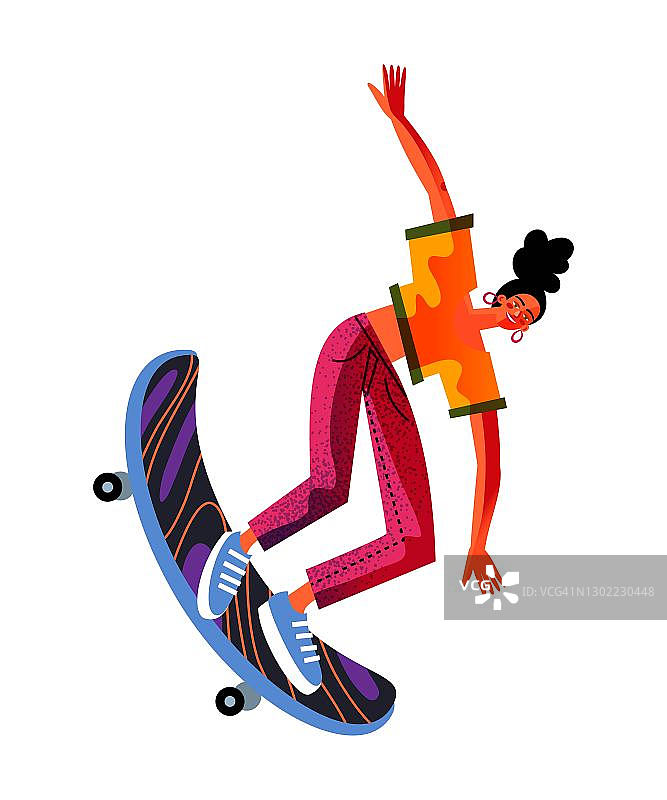 年轻女子在玩滑板。快乐女孩溜冰板上的速度，孤立在白色的背景。娱乐在滑板公园操场矢量插图。现代青年休闲图片素材