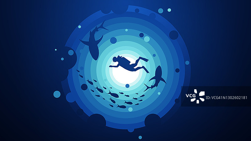 水肺潜水员的剪影和珊瑚礁与鱼在蓝色圆形矢量插图。图片素材