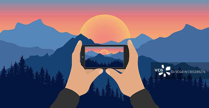 男人的手拿着手机，拍摄美丽的自然风景。森林和山脉的剪影在日落的背景。高质量的手机摄像头。矢量图图片素材