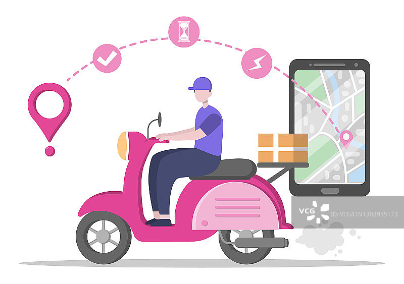 为订单跟踪，速递服务，货物运输，城市物流使用摩托车的平面插图图片素材