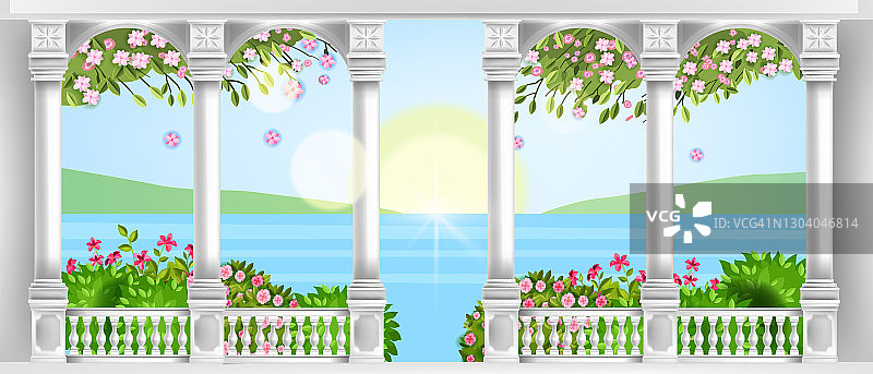 矢量宫殿栏杆，古罗马大理石阳台与拱门，柱子，扶手，鲜花，玫瑰，灌木。图片素材
