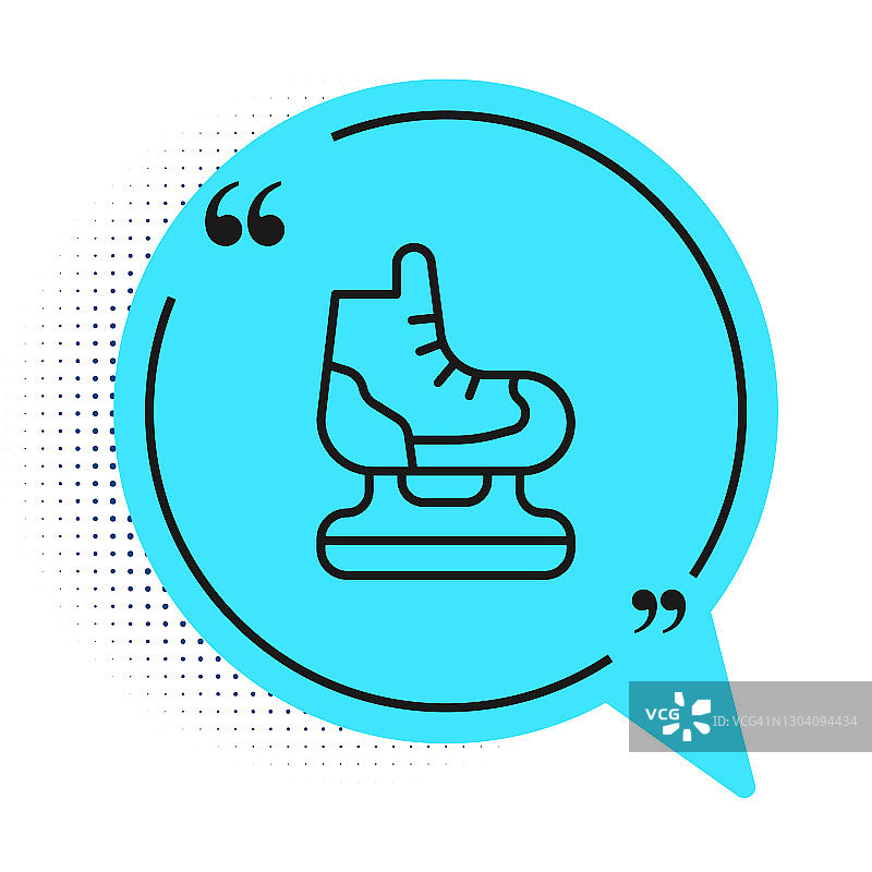 黑色线溜冰图标孤立在白色背景。冰鞋图标。带刀片的运动靴。蓝色语音气泡符号。向量图片素材