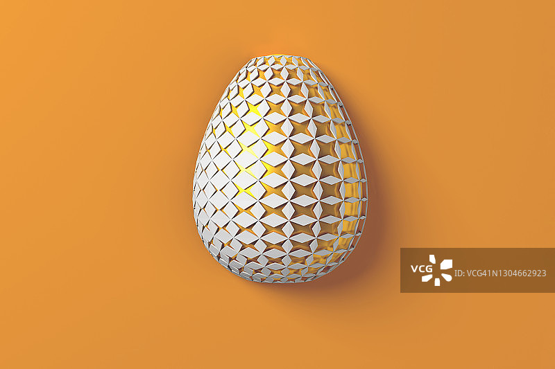 复活节的概念。一个单一的白色金蛋与几何原始变化的图案在表面上的白色背景。三维演示图片素材
