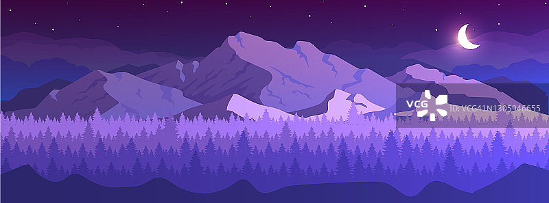 山在夜晚平彩色矢量插图图片素材