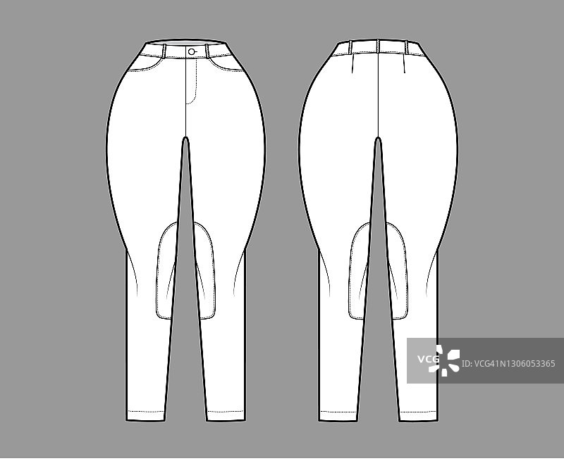 牛仔经典马裤牛仔裤技术时尚插画与正常的腰，口袋，皮带环，全长度图片素材