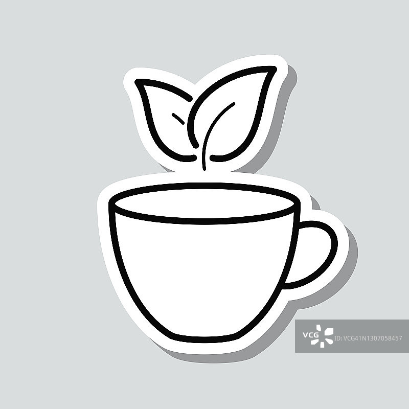 茶杯和茶叶。灰色背景上的图标贴纸图片素材