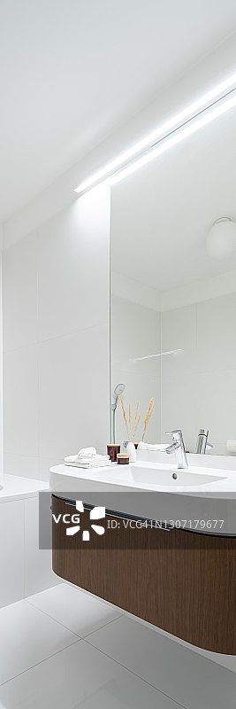镜子墙上方的现代洗脸盆，垂直全景图片素材