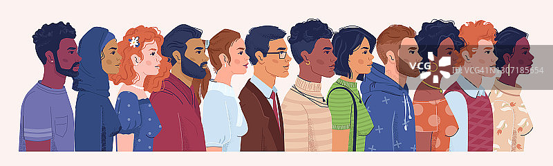不同国籍、宗教和国家的男人和女人的侧面肖像。男女性格的多样性，人群的多样性。白种人和阿拉伯人，卡通人物矢量平图片素材