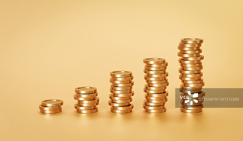 黄金金融硬币或货币货币现金在黄金宝藏的背景与成堆的硬币。3 d渲染。图片素材