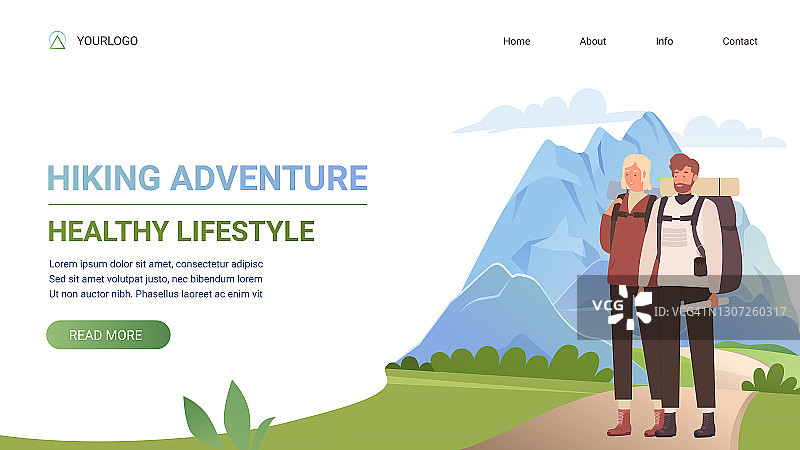 健行冒险，健康生活方式旅游网站模板与旅游青年夫妇图片素材