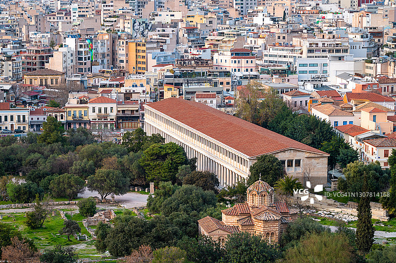 阿塔洛斯的斯托亚和拜占庭教堂的使徒在雅典老城，希腊图片素材