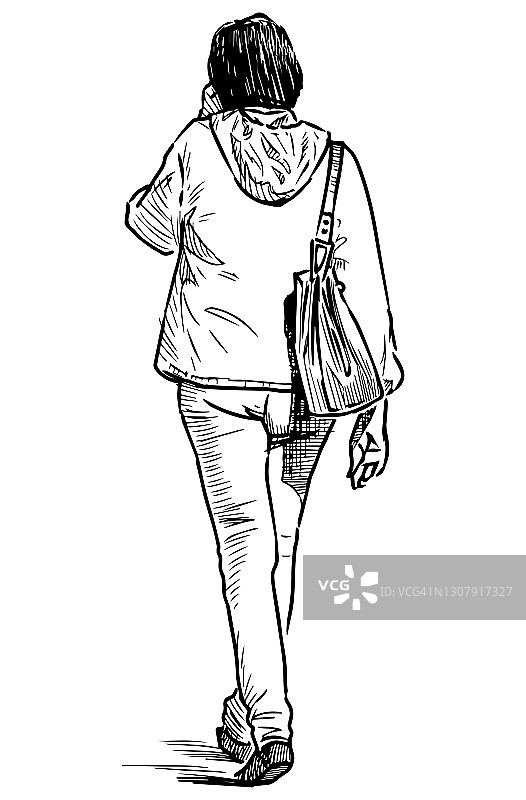 一个随意的城市女人走在街上的素描图片素材