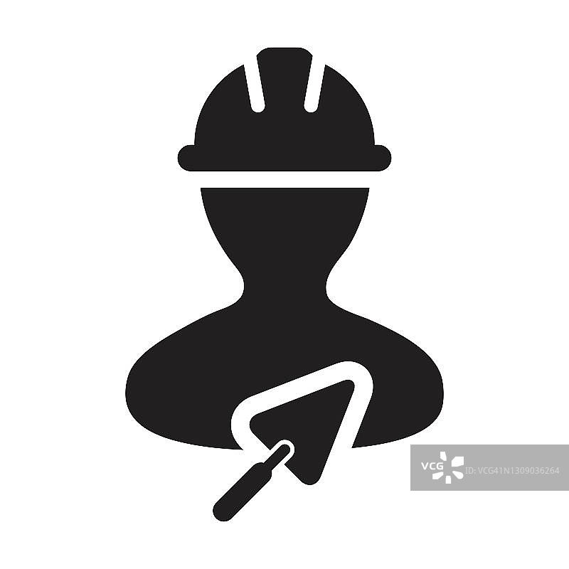 建造者图标与泥铲向量男性建筑泥瓦匠承包商工人人的侧面头像与安全帽在一个字形象形图图片素材