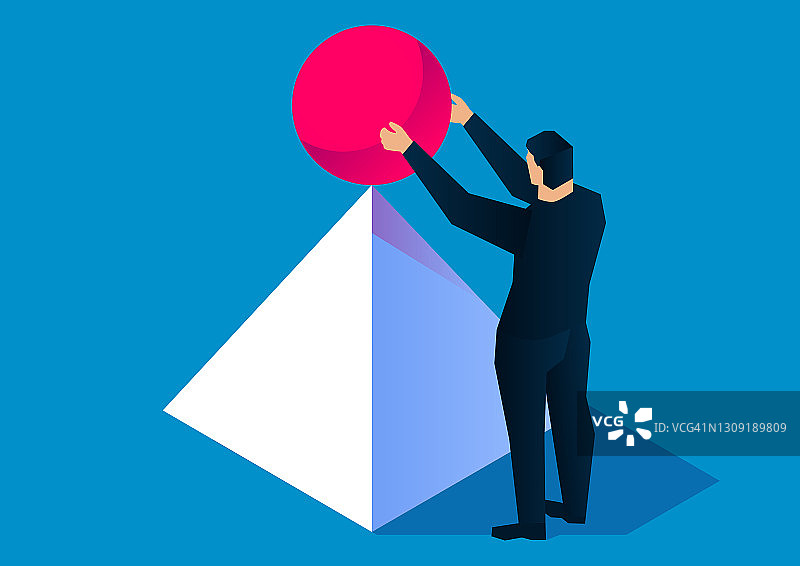 商人控制在金字塔顶端的红球，防止失去平衡下降，商业概念插图，强大的控制图片素材