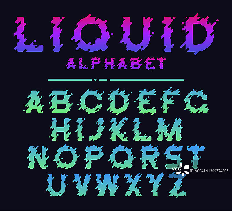 摘要彩色液体喷溅字母。具有动态下降的现代渐变字体设计。向量图片素材