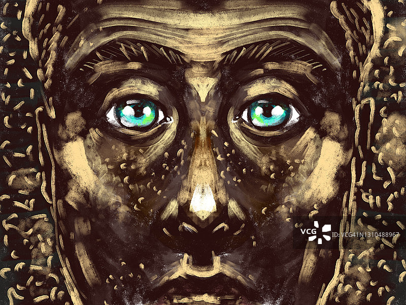 手绘艺术抽象画的一个男人在黑暗和金色的阴影，有大的蓝色眼睛图片素材