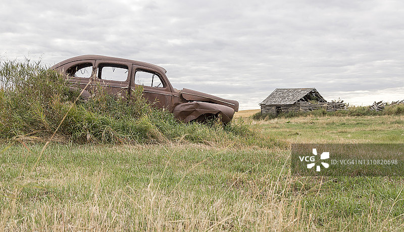 废弃在田里的生锈的旧轿车图片素材