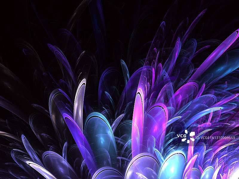 抽象的蓝色，灰色和紫色漩涡形状上的黑色背景。图片素材