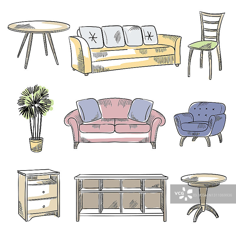 画的家具。椅子，床，衣柜，最近的矢量隔离对象的技术草图设计室内房间图片素材