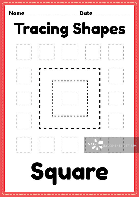 在可打印的页面上为幼儿园和学前儿童的手写练习和教育活动描摹形状工作表方线图片素材