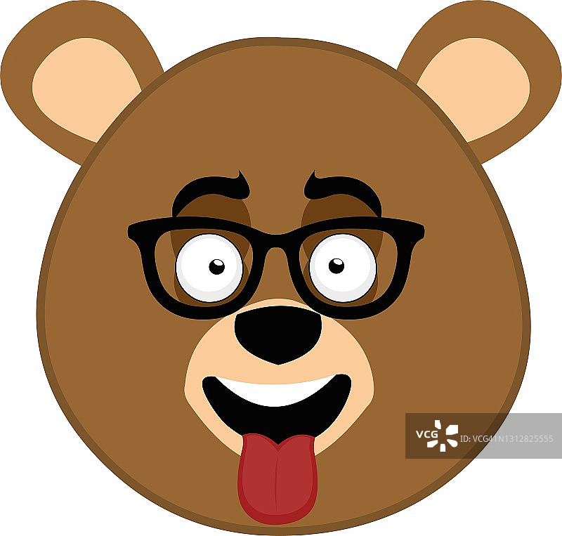 矢量表情插图卡通熊的头与愉快的表情，戴眼镜，伸出他的舌头与他的嘴张开图片素材