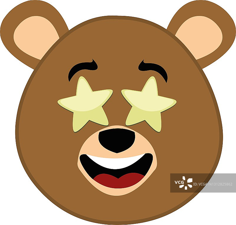 矢量emoticon插图卡通熊的头有一个快乐的表情，与星星在明亮的眼睛图片素材