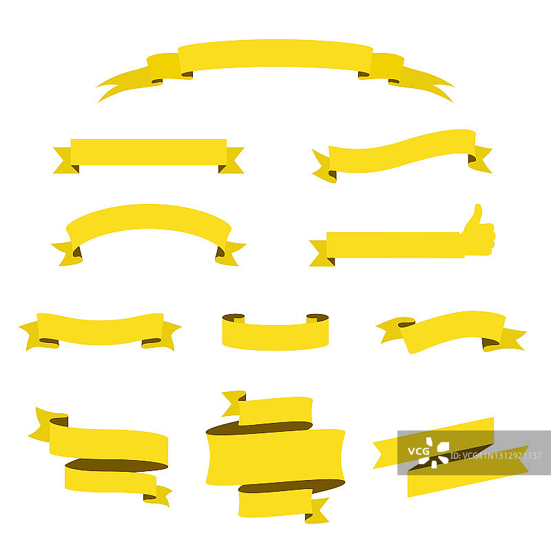 一套黄色丝带，横幅-设计元素在白色的背景图片素材