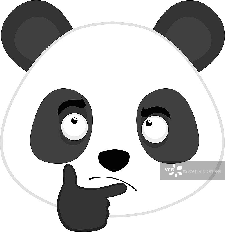 矢量表情插图卡通熊猫的头与沉思的表情和他的手在他的下巴图片素材