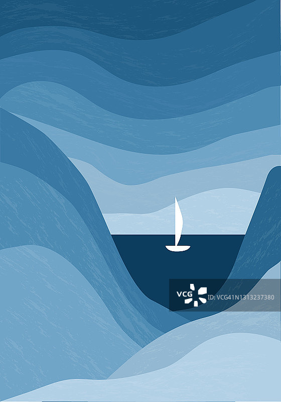 简约的黑白风景。抽象的山海为时尚的背景。白色的游艇。不同色调的蓝色海报。旅游、休闲、旅游的概念。美丽的大自然图片素材