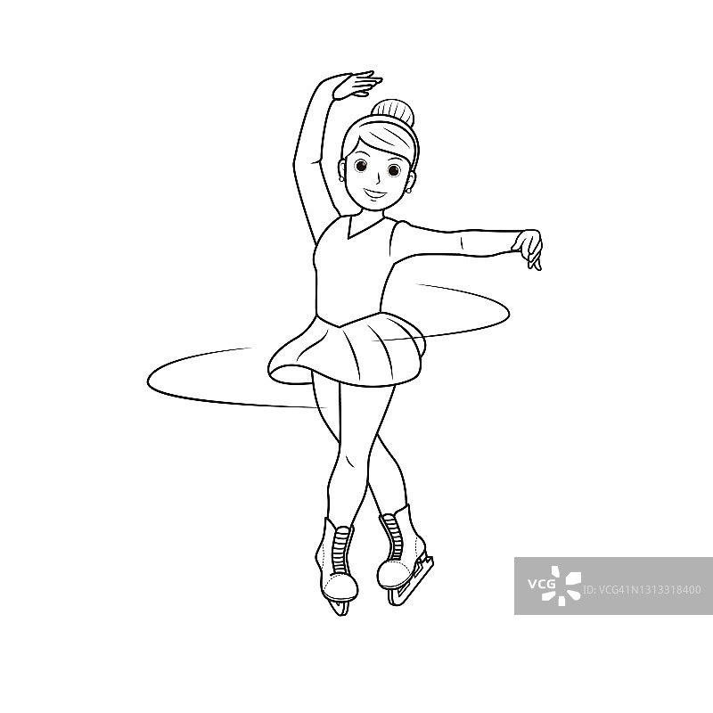 在白色背景上孤立的溜冰场上表演的花样滑冰女子运动员的矢量插图。儿童涂色页，绘画，艺术，第一个单词，闪存卡。彩色卡通人物剪贴画。图片素材