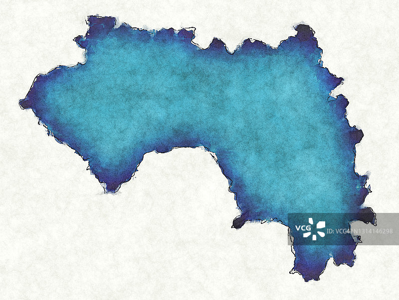 几内亚地图与绘制线和蓝色水彩插图图片素材