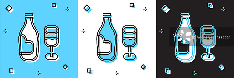 设置酒瓶与玻璃图标隔离在蓝色和白色，黑色背景。向量图片素材