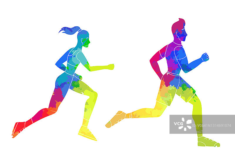 一套彩虹水彩剪影奔跑的男人和女人。慢跑。现代的人参与运动。马拉松运动员的图标和标志。图片素材