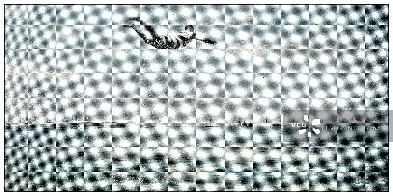19世纪运动、运动员和休闲活动的古董彩色照片:跳板跳水图片素材