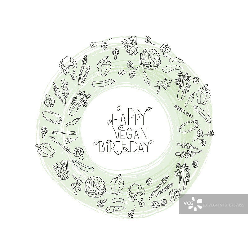 绿色蔬菜框的素食者生日快乐标志图片素材
