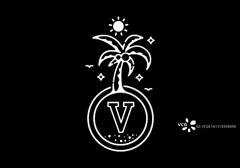 白色黑色线艺术插图的椰子树在海滩上与V首字母设计图片素材