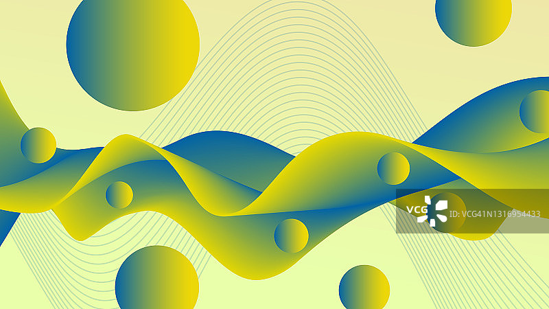 抽象的绿黄色，蓝色蛇形流体。流动的波和飞行的球，液体模式。三维形状。未来的设计。创造性的背景。模板登陆页，传单，海报，传单，宣传材料，装饰图片素材