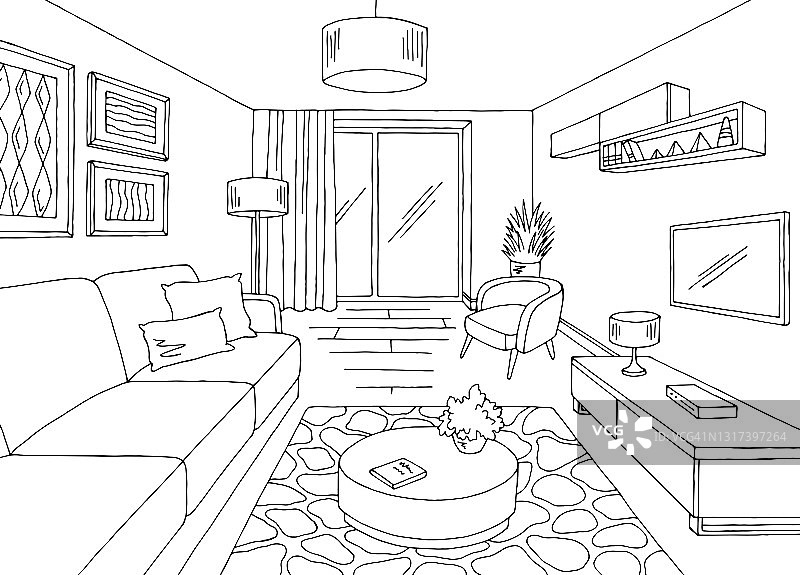 客厅图形黑白家居室内素描插图矢量图片素材