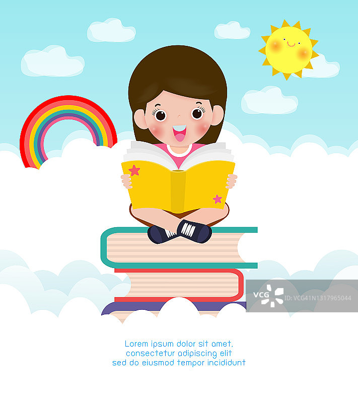 可爱的小学童坐在书架上看书，高高在上，快乐的小学生在一堆书上看书，孩子们回到学校的平面矢量插图背景图片素材