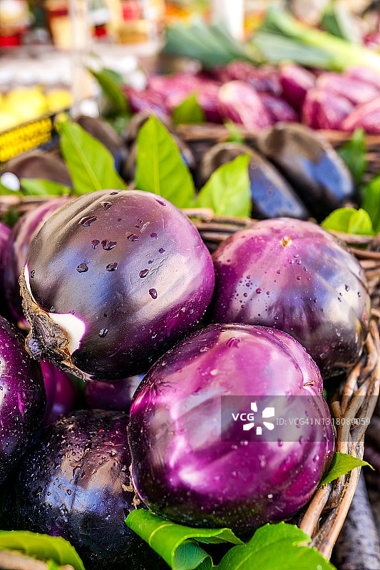 一个柳条篮子的详细视图，上面有一些健康的紫色佛罗伦萨茄子图片素材