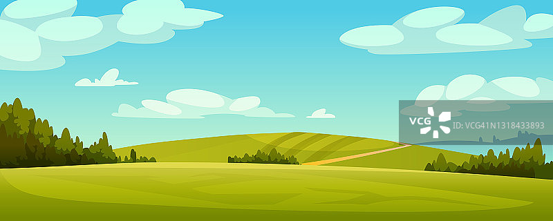 绿色的田野景观，乡村山丘，草地，草地和树木，蓝天为背景。媒介草原、乡村农业、农田。生态环境全景，春夏自然景观全景，绿野、蓝天图片素材