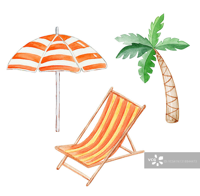 水彩躺椅，遮阳伞和棕榈集孤立的白色背景。夏季海滩旅游手绘插图图片素材
