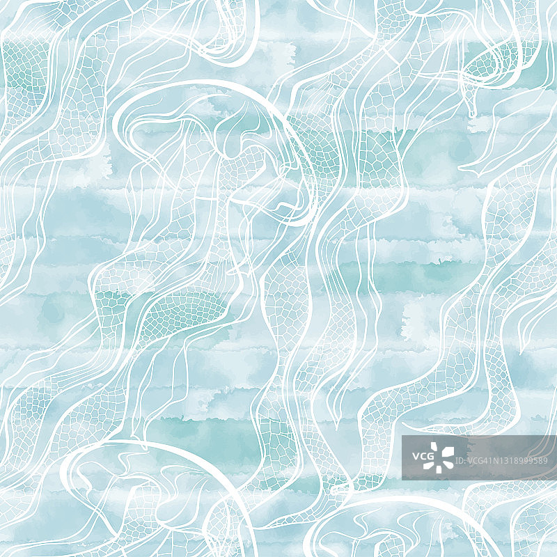 无缝矢量模式与水母在蓝色水彩背景。完美的设计模板，墙纸，包装，织物和纺织品。抽象的自然背景。图片素材