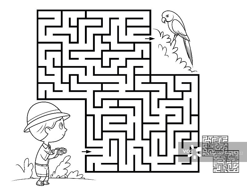 黑与白，儿童迷宫游戏。鹦鹉图片素材