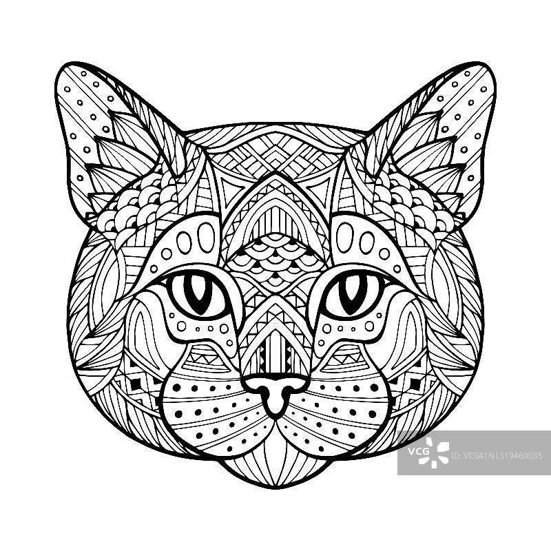 黑白相间的猫，小猫的头。抽象的民族单色猫脸装饰风格。标志。头豹，狮子，猎豹。手工绘制。卡通风格的插图。涂鸦,Zentangle图片素材