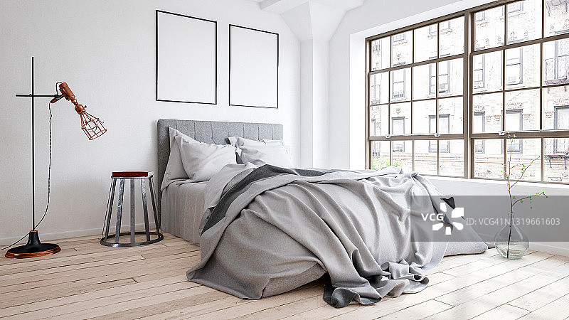 灰色床上用品和空白画框的卧室三维渲染图片素材