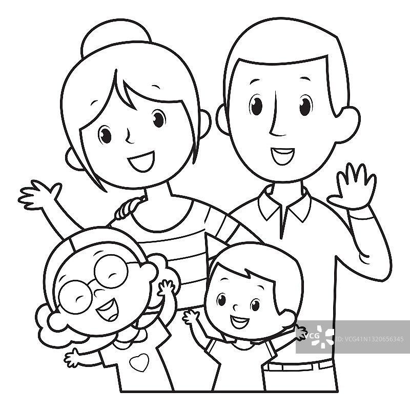 黑白全家福。父亲，母亲，一个女孩和一个男孩图片素材