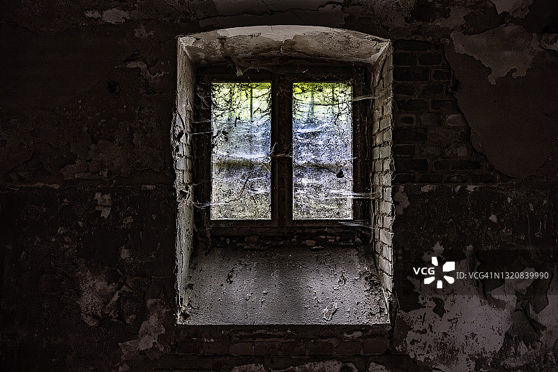 废弃建筑地下室的一扇又旧又脏的窗户图片素材