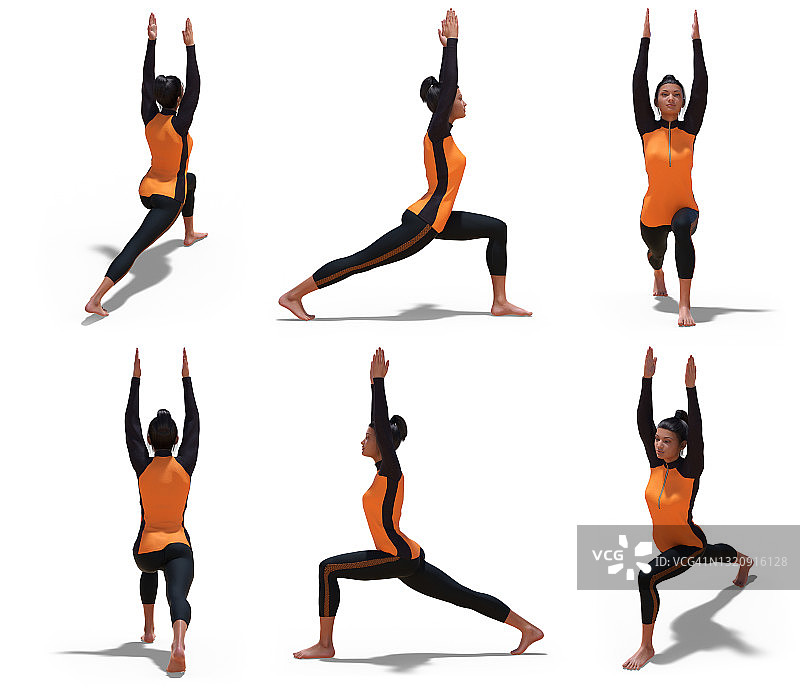 虚拟女人与运动服装在瑜伽勇士一个姿势与6个角度的观点图片素材